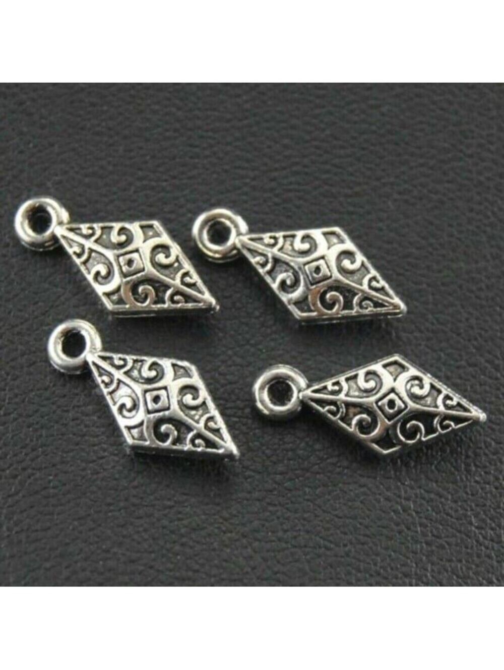 Antique Silver Plated Art Deco Puffed Little Diamond Shaped Charms 4 pcs